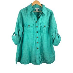 Soft Surroundings linen green brass button shacket top money sz 1X‎
